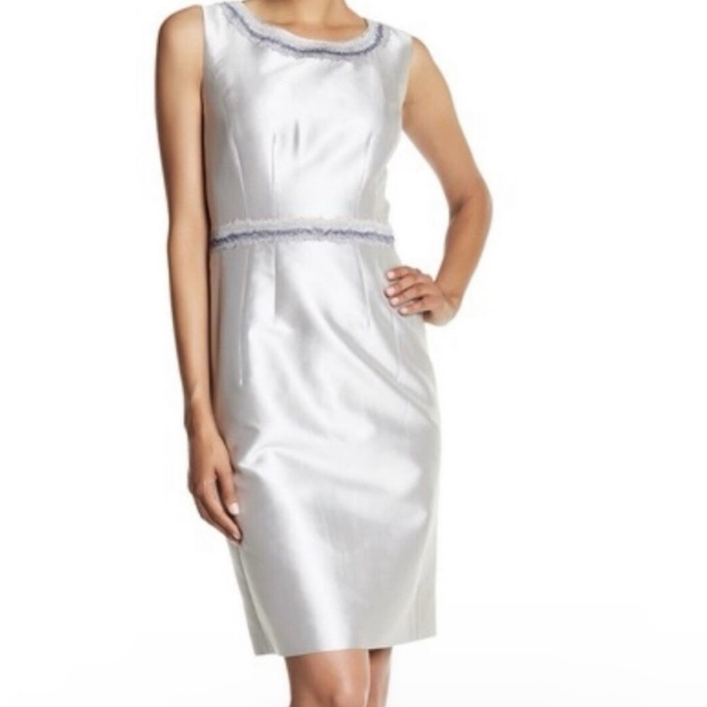 NWT Lafayette 148 Silver Gray Sheath Dress Embroidered Blue Trim sz 12 reg $598